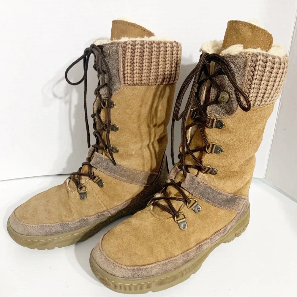BEARPAW Serena Suede Boots Size 6 Lace-Up Wool Blend Lining, Knit Collar 1813W